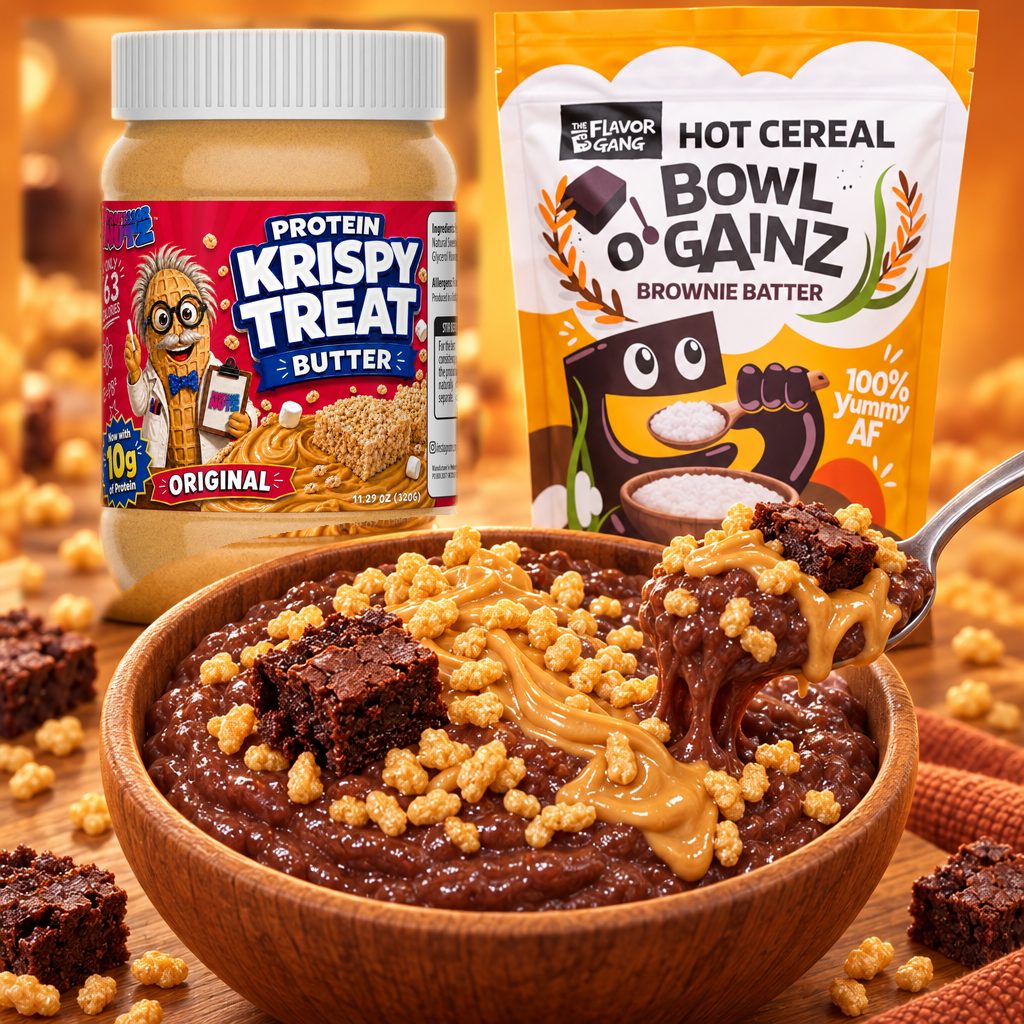 A bowl of Brownie Batter hot cereal topped with a swirl of Krispy Treat Butter and protein crispies