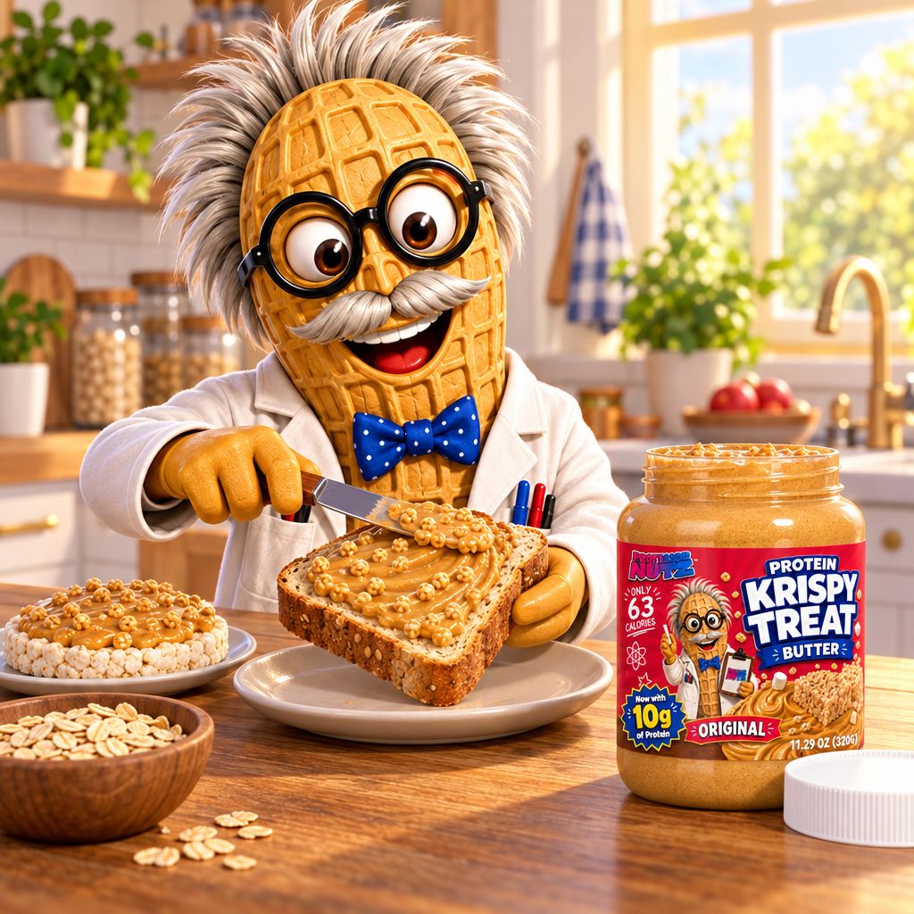 Professor Nutz spreading Krispy Treat Butter on toast in his kitchen