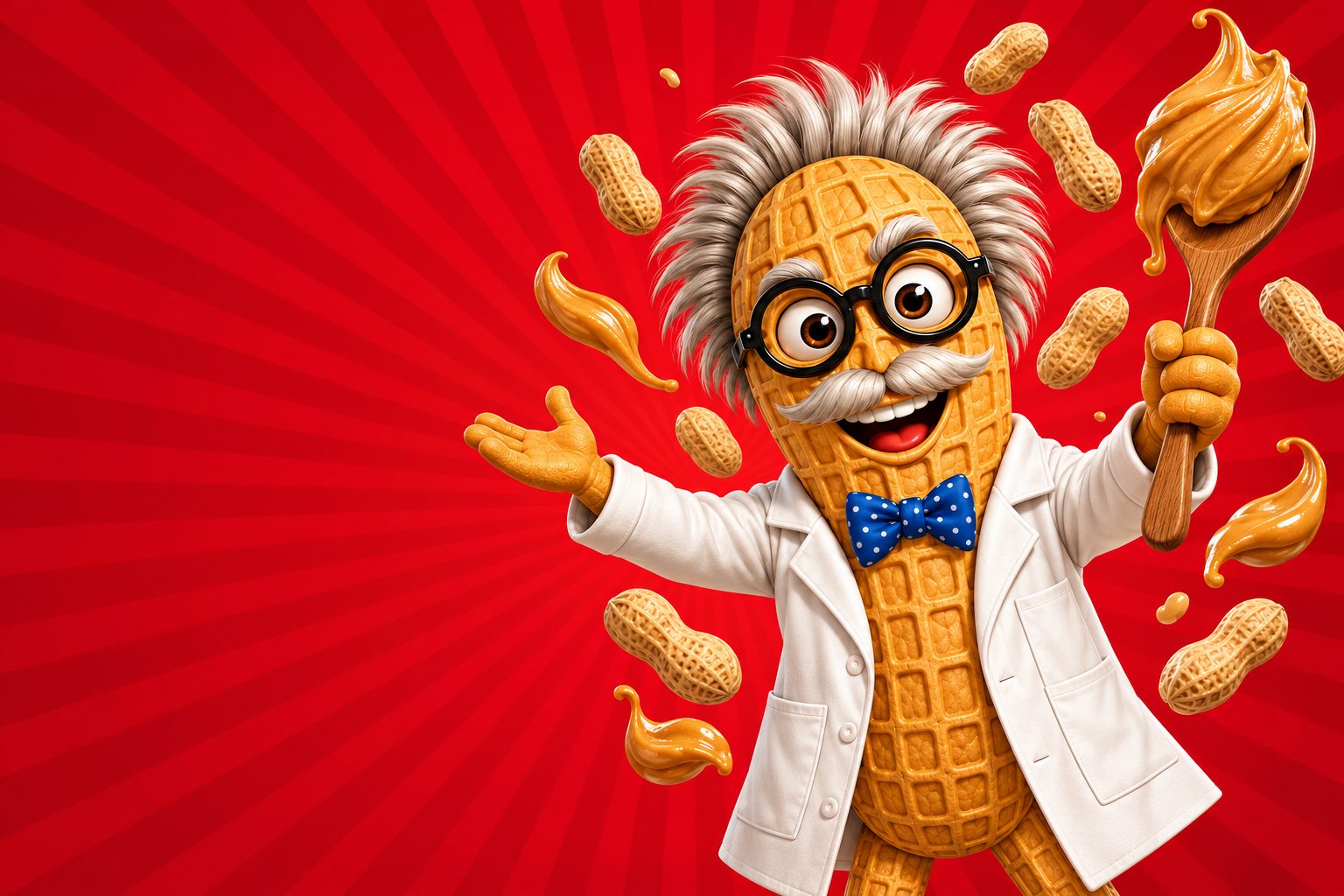 Professor Nutz presenting a giant spoonful of peanut butter