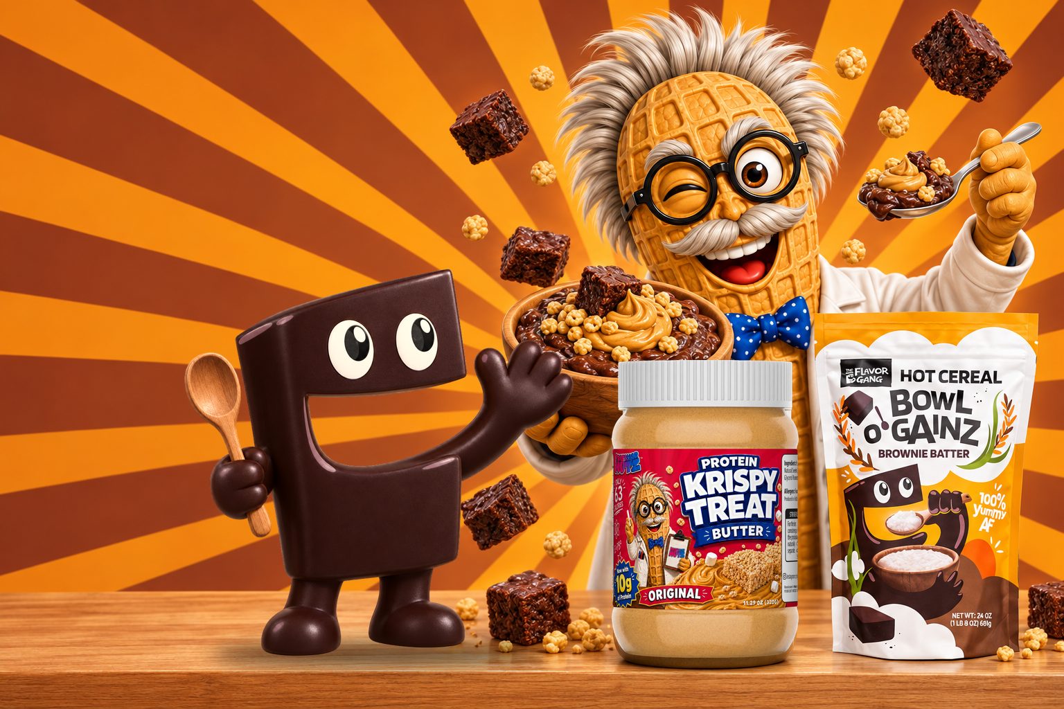 Professor Nutz and The Flavor Gang mascot with the Krispy Treat jar and a Bowl O' Gainz Brownie Batter pouch