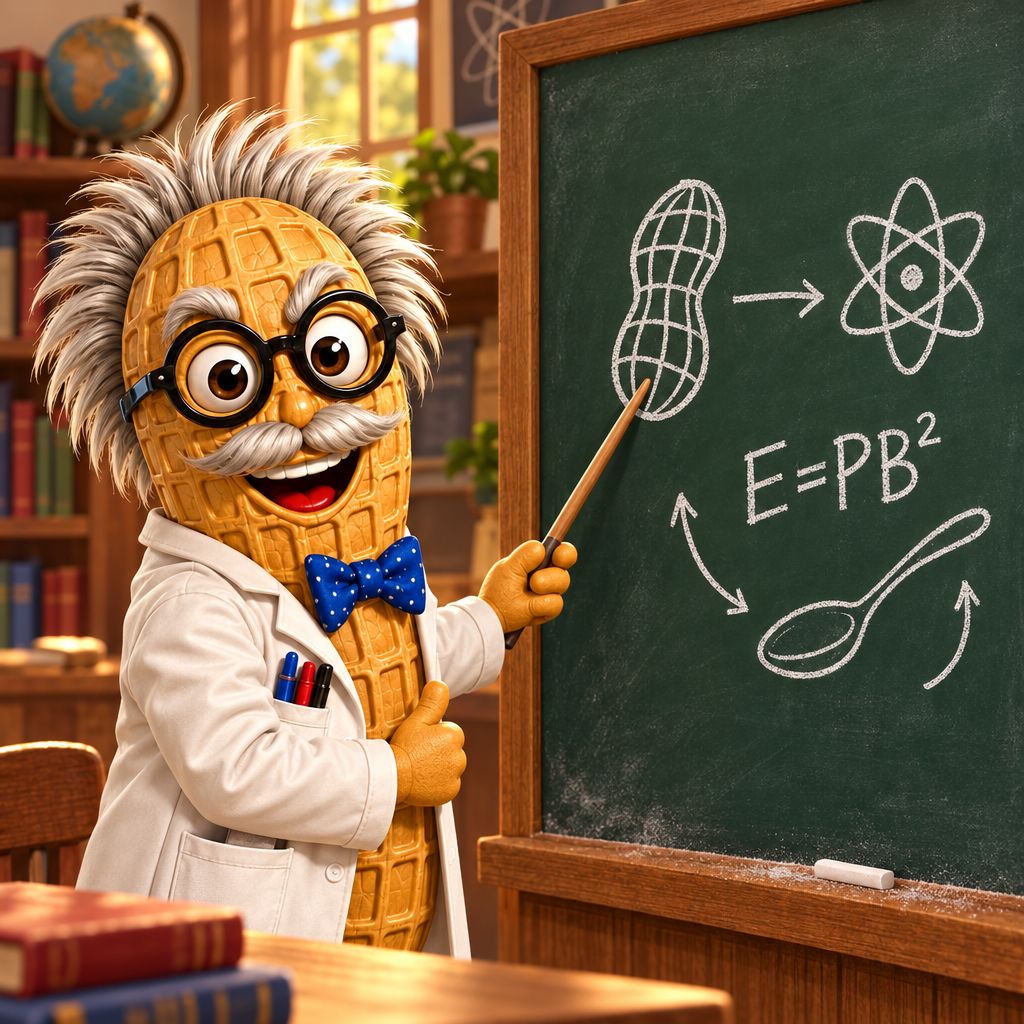 Professor Nutz at a chalkboard pointing at E=PB squared