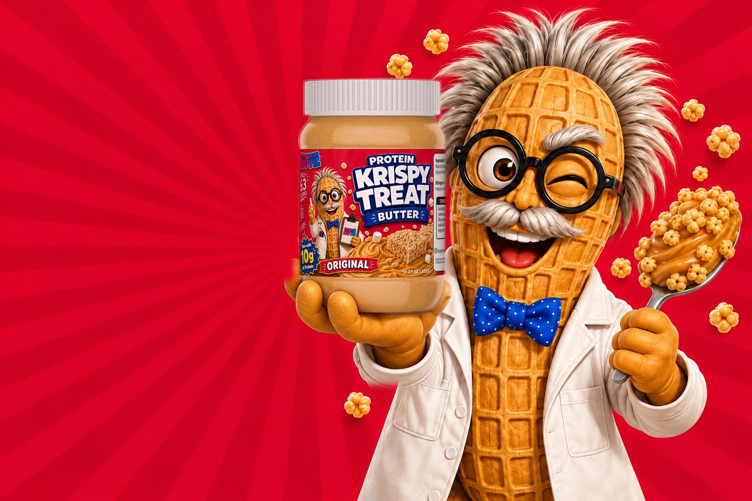 Professor Nutz holding a jar of Protein Krispy Treat Butter