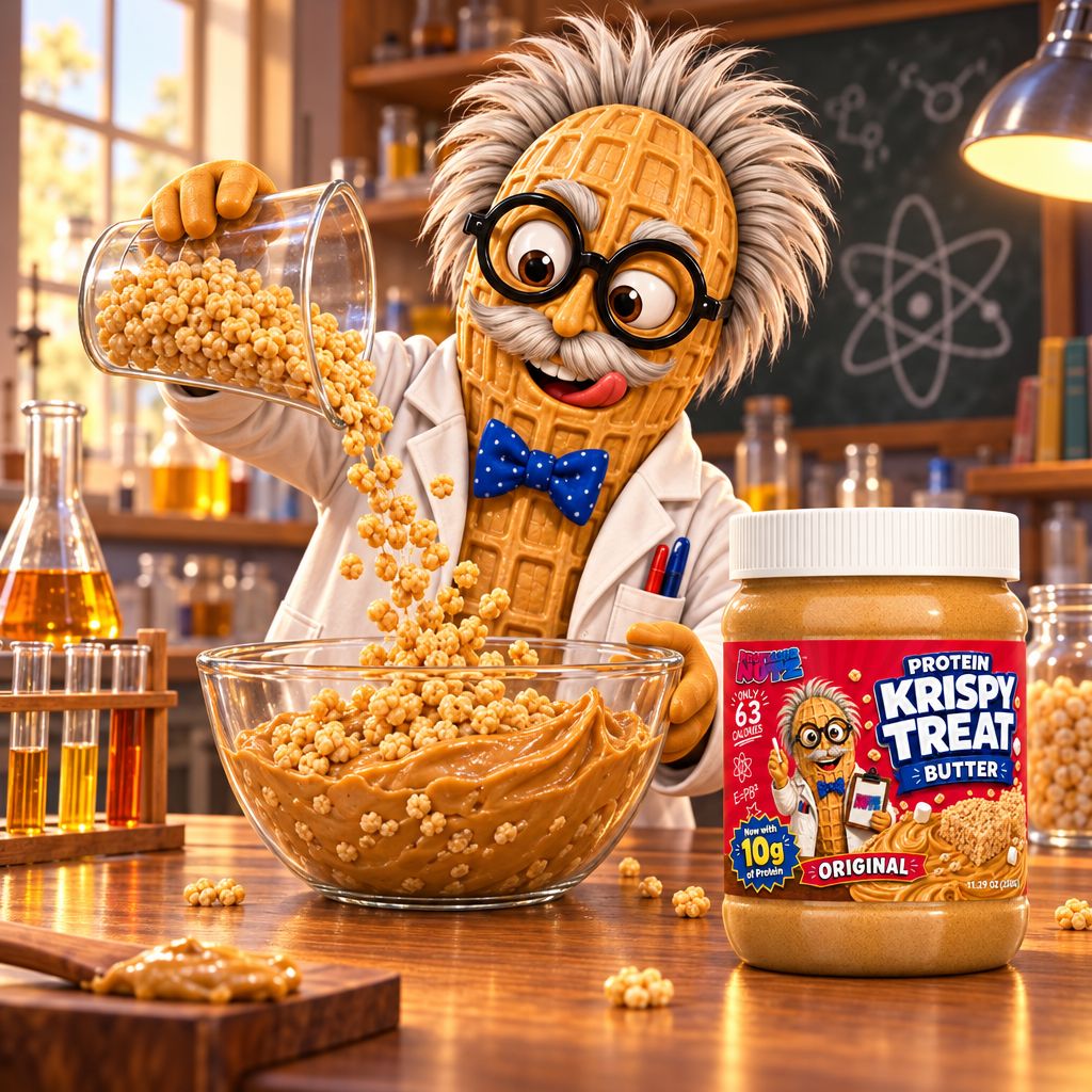 Professor Nutz pouring puffed protein crispies into a bowl of peanut butter in his lab