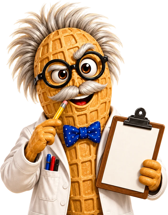 Professor Nutz holding a clipboard, ready to quiz you